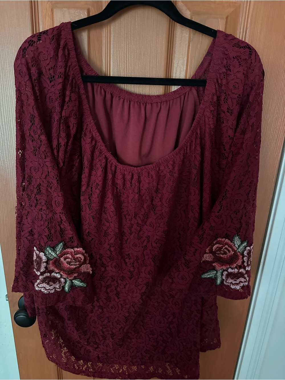 Chico's Burgundy Lace Tunic Top with Rose Embroidered Sleeves